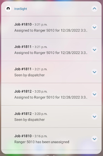 IronSight notification stack showing job assignment, dispatcher, and un-assignment alerts for jobs